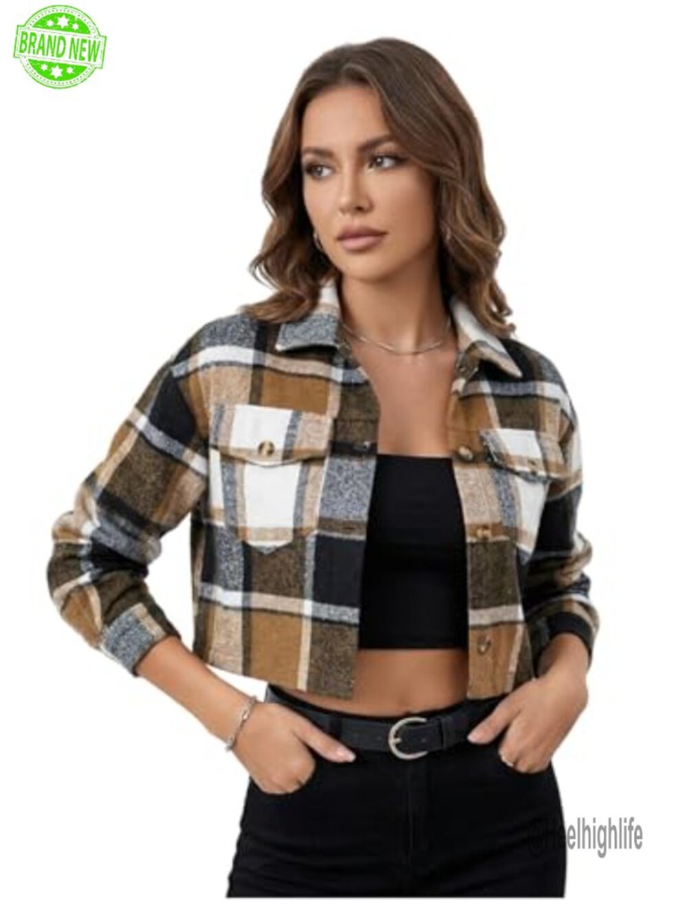 Plaid Flannel Crop Button Down Shacket Long Sleeve Blouse - Picture 3 of 4